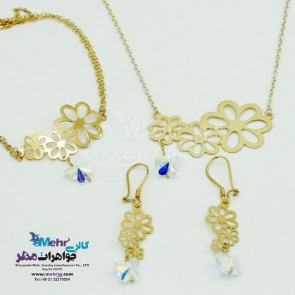 سرویس طلا - گردنبند و گوشواره و دستبند - طرح گل و پروانه-SS0197